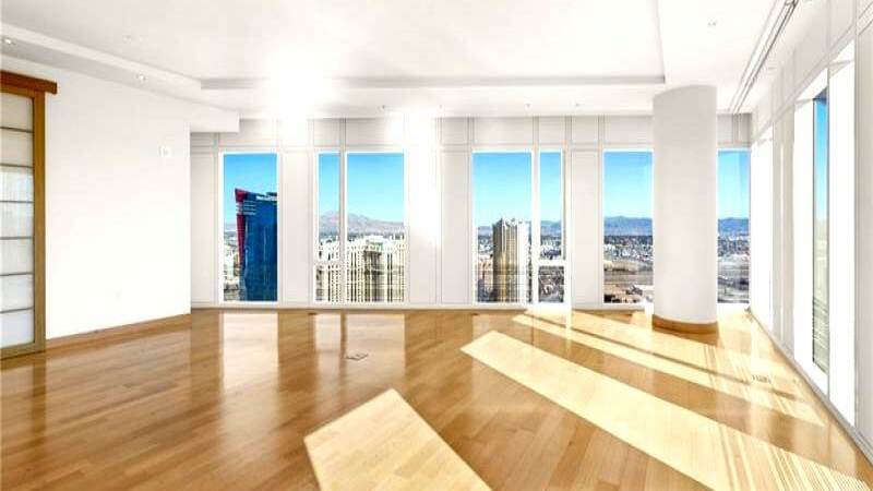 Panoramic views of Las Vegas Strip from a two-bedroom Waldorf Astoria condo for lease