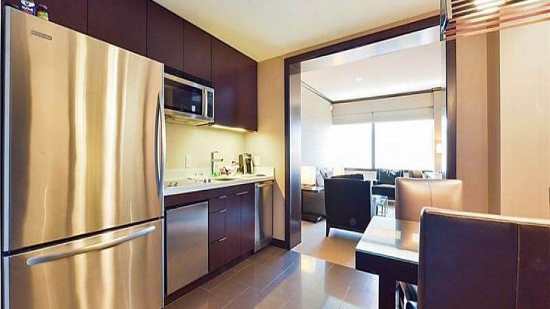 The upgraded kitchen at Vdara condo-hotel in MGM CityCenter Las Vegas