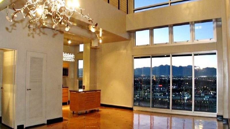 Floor to ceiling windows in two-story penthouses at Newport Lofts Las Vegas