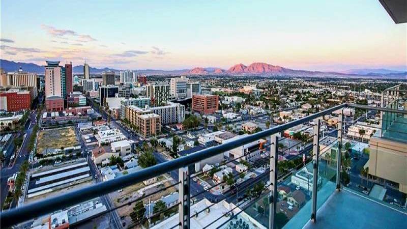 Views of downtown Las Vegas from a Newport Lofts condo for sale
