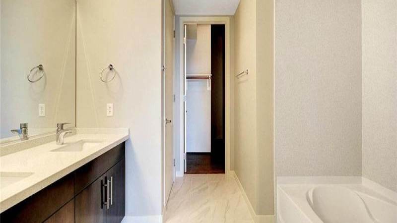 Upgraded bathroom in a Juhl two-bedroom condo for lease